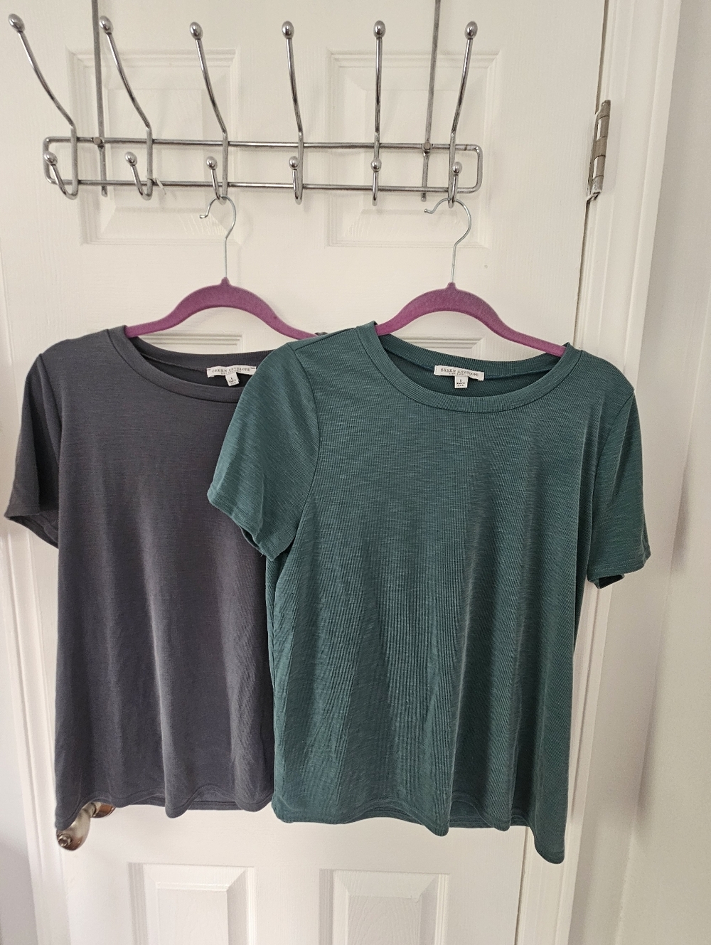 Set Of 2. Green Envelope Soft Crew Neck Tees. One Heathered Teal One Green Grey
